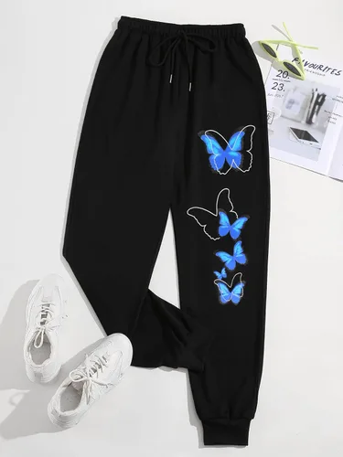 Vista 3 de SOLY HUX Pantalones deportivos de cintura alta con cordón y estampado de mariposas para mujer