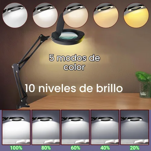 Vista 5 de Lupa 15X con luz y abrazadera, 5 modos de color, 10 niveles de brillo ajustable, lámpara de escritorio 2 en 1 con abrazadera, lupa manos libres