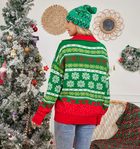 Vista 3 de uideazone Suéter feo de Navidad para mujer, con cremallera de un cuarto, suéter de punto para fiesta de vacaciones S-XL