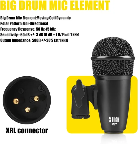 Vista 8 de XTUGA MI7 Kit de micrófono de batería dinámico con cable de 7 piezas, metal entero, juego de micrófonos de bajo para batería vocal, otro instrumento