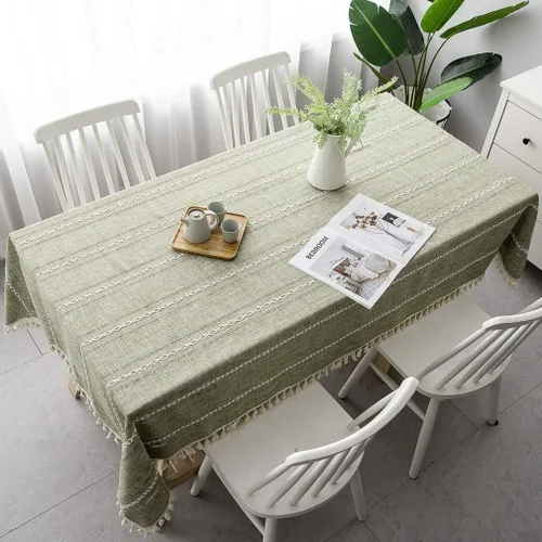 Vista 9 de Pahajim Mantel de lino rústico rectangular con borlas a rayas de algodón para mesa de cocina y comedor, cuadrada, 55 x 55 pulgadas, 4 asientos