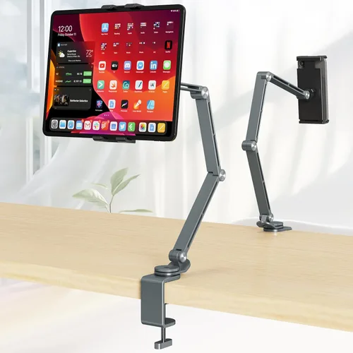 Vista 10 de Houele Soporte para Tableta, Brazo Plegable Ajustable para Tableta iPad Soporte de Escritorio con Base Giratoria de 360°, Soporte para Teléfono