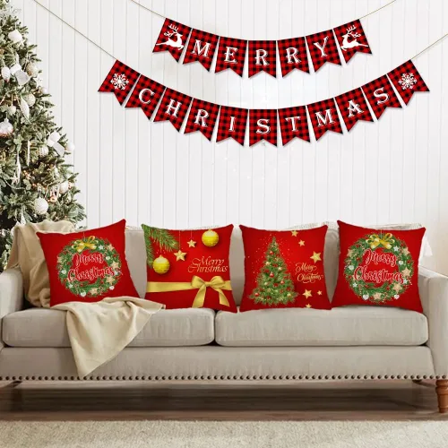 Vista 6 de Juego de 4 fundas de almohada de Navidad de 12 x 12 pulgadas, fundas de almohada de terciopelo de Navidad, fundas de almohada doradas y rojas