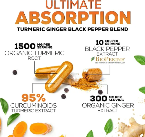Vista 6 de Cúrcuma Curcumina con BioPerine & Jengibre 95% Curcuminoides 1950mg – Pimienta Negra para Absorción, Hecho en Estados Unidos, apoyo inmunológico