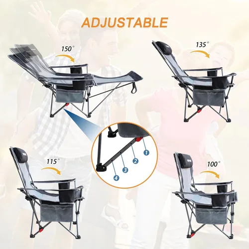 Vista 4 de Silla de camping reclinable con reposapiés extraíble con reposacabezas, cojín de algodón, sillas plegables ajustables y portátiles