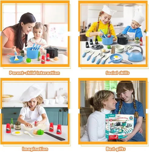 Vista 8 de Bruvoalon Juego de 32 juguetes de cocina para niños, accesorios de cocina con ollas, sartenes, utensilios de cocina, alimentos, verduras enlatadas