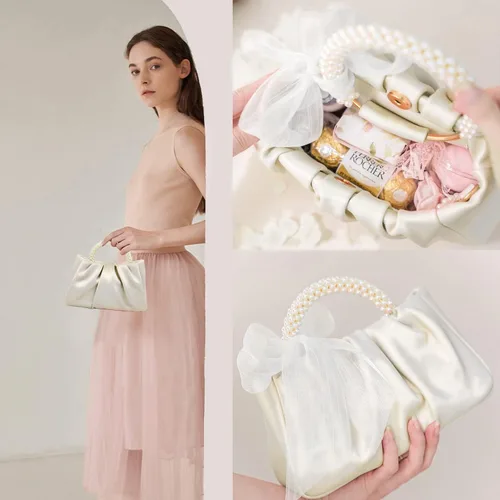 Vista 7 de Beatfull Bolso de noche para mujer, bolso de mano pequeño con perlas de cuero suave, bolso fruncido para boda, novia, fiesta, baile de graduación