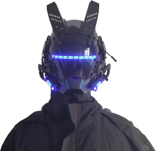 Vista 4 de Máscara gótica punk, máscara Techwear, casco de Halloween Cosplay Tech con luz LED Azul