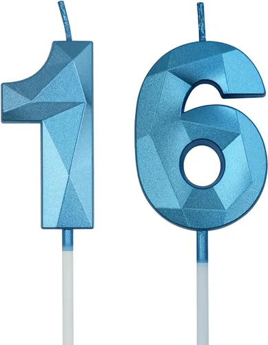 Vista 10 de Velas de cumpleaños número 16 y 61 para tartas, velas plateadas con forma de diamante 3D, decoración de cumpleaños, suministros de fiesta para Plata
