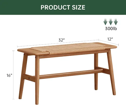 Vista 2 de Banco 100% de madera de roble macizo, diseño tejido a mano, construcción sólida de mortaja y espiga, estructura sólida de patas de silla, bancos