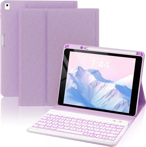 Vista 24 de OYEEICE Funda de teclado para iPad 6ª/5ª generación de 9.7 pulgadas, teclado inalámbrico desmontable retroiluminado de 7 colores, cubierta magnética