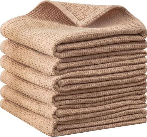 Vista 17 de QUILTINA Paquete de 6 paños de cocina de 12 x 12 pulgadas, 100% algodón, tejido de gofre, súper absorbentes, de secado rápido, color beige