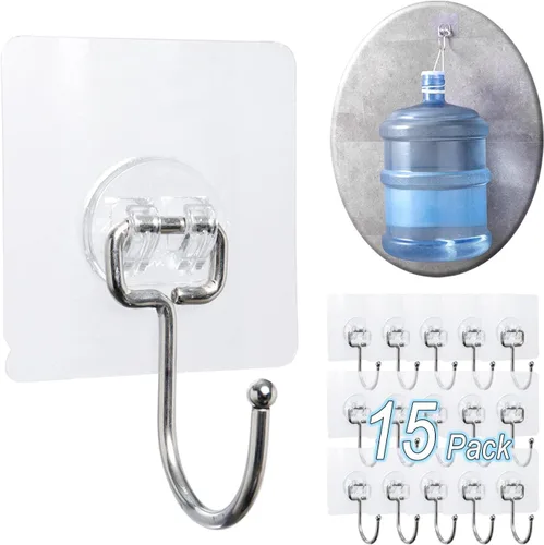 Vista 8 de Paquete de 15 ganchos grandes de pared adhesivos dobles, sin daños, impermeables, de 33 libras máximo, resistentes, para colgar, transparentes, sin