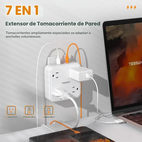 Vista 2 de TESSAN - Extensor de enchufe múltiple, divisor de protección contra sobretensiones