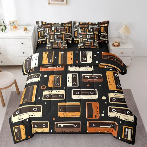 Vista 3 de Erosebridal Juego de ropa de cama de cassette vintage de los años 80 y 90, juego de edredón de 7 piezas para niños y adultos, retro, amarillo