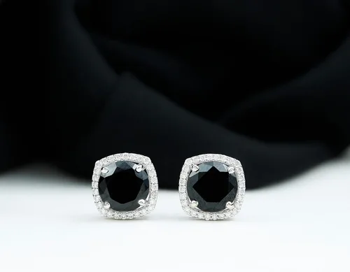 Vista 2 de Aretes de ónix negro vintage de 12 CT con halo de diamantes (calidad AAA)