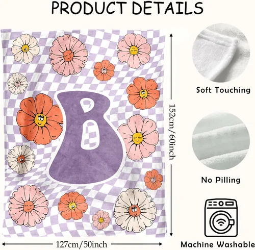 Vista 5 de Manta retro de los años 70 con inicial B floral a cuadros, groovy abstracta estética, manta de franela suave personalizada, regalos con monograma