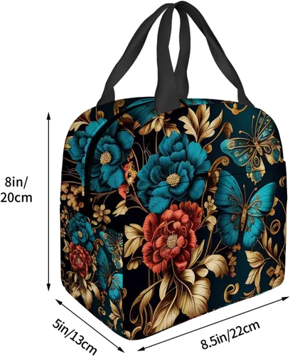 Vista 4 de OOZ Lonchera térmica para mujeres y hombres, hermosas flores doradas y mariposas, reutilizable, a prueba de fugas, para el trabajo, oficina, picnic
