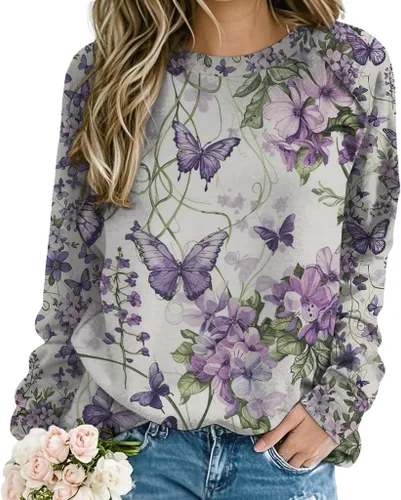 Vista 17 de ZOCANIA Sudaderas para mujer, sin capucha, manga larga, cuello redondo, estampado floral, ajuste holgado