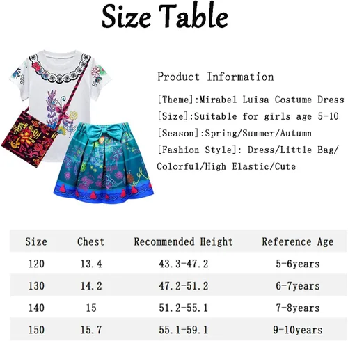 Vista 6 de Meiniyea Mirabel Costume Dress for Girls Cartoon Luisa Costume Printing Cosplay Princess Dress Outfits with Little Bag