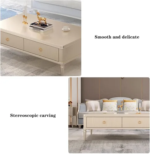 Vista 3 de Mesa auxiliar para sofá de sala de estar, mesa auxiliar moderna plateada, mesa de centro rectangular, mesa de sofá con 2 cajones y patas de madera