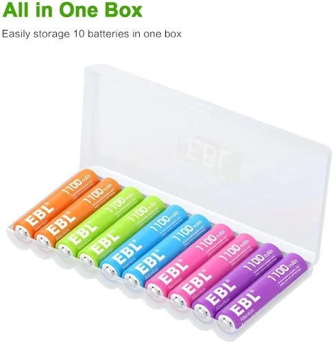 Vista 6 de EBL Baterías AAA recargables 10 unidades de alta capacidad 1100mAh (paquete de 10 - 2 x 5 colores en una caja) 1.2V Ni-Mh triple AAA batería ProCyco