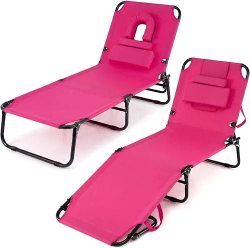 Vista 14 de Giantex Silla bronceadora, silla de patio ajustable con orificio para la cara, almohadas extraíbles, correa de transporte, silla de diseño, silla