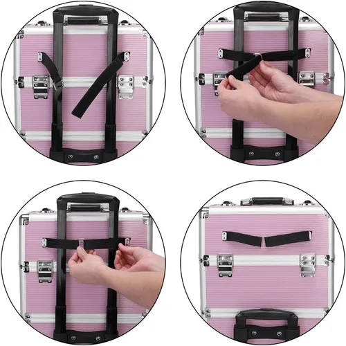 Vista 5 de Karl home Estuche de tren de maquillaje 3 en 1, carrito de cosméticos rodante, organizador de viaje de gran capacidad con llave ruedas giratorias