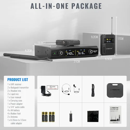 Vista 6 de Phenyx Pro Sistema de micrófono inalámbrico UHF PTU-52-2B Bundle con transmisor BodyPack PWB-52