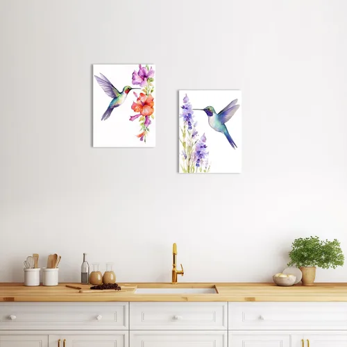 Vista 4 de QIXIANG Lienzo decorativo para pared, 2 piezas, acuarela, colibríes y flores, naturaleza, impresiones para cocina, dormitorio, oficina, decoración
