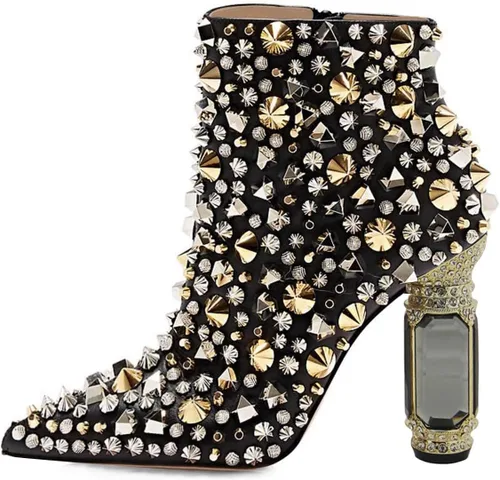 Vista 159 de FSJ Botas de tacón alto con punta puntiaguda para mujer, con tacón alto, con cremallera lateral brillante, estilo casual, para uso diario, zapatos