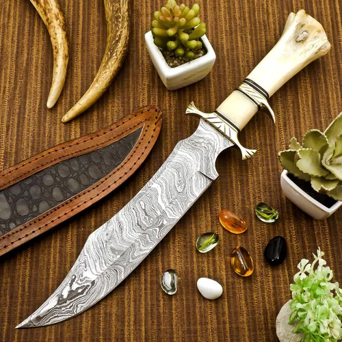 Vista 3 de Delta: hecho a mano de acero de Damasco Bowie cuchillo mango hueso de camello Artesanía artesanal, funda de cuero, pieza de exhibición decorativa