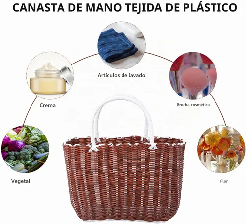Vista 5 de Cabilock Cesta de plástico para mujer, bolsa de playa para mujer, 1 unidad, organizador de tejido, bolsa de compras, compras para comestibles Kahki