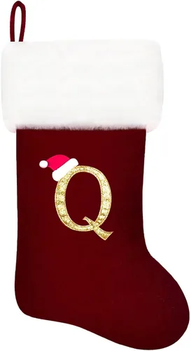 Vista 10 de Calcetines de Navidad bordados de 20 pulgadas con monograma, terciopelo negro con puño de felpa blanca supersuave, adornos clásicos para decoración