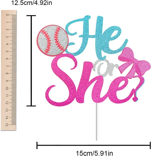Vista 5 de Él or She Gender Reveal Cake Topper - Decoración para pastel de béisbol o lazos para niño o niña, suministros de anuncio de embarazo azul o rosa