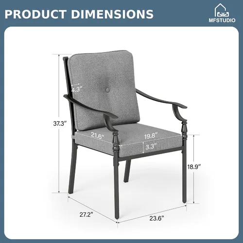 Vista 8 de MFSTUDIO Juego de 2 sillas de comedor para patio al aire libre, sillas de patio resistentes con cojines, sillas de terraza de hierro forjado
