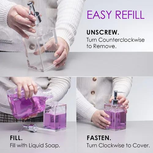 Vista 5 de Dispensador de desinfectante de manos reutilizable de acrílico transparente para cocina y baño con bomba de acero inoxidable a prueba de óxido