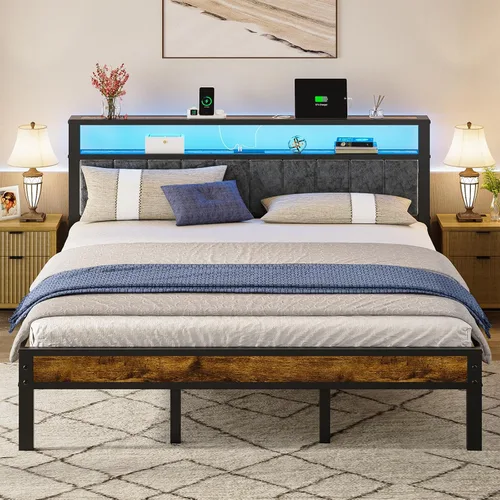 Vista 8 de Liians Base de cama tamaño individual con luces LED, cabecera tapizada gris Platform Bed with 2-Tier Storage Shelf, Charging Station, Noise Free