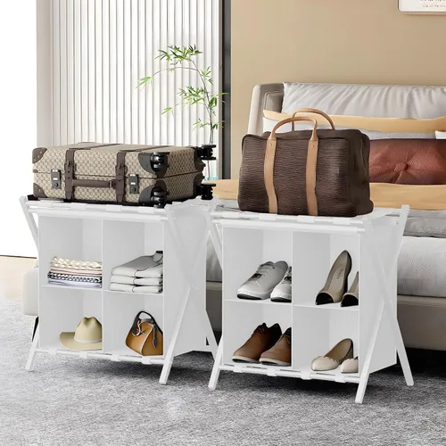 Vista 10 de Huhote Portaequipajes para habitación de invitados, soporte plegable para maleta con estante de almacenamiento de tela, soporte para equipaje