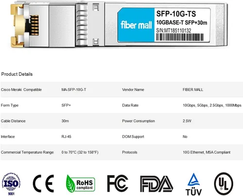 Vista 5 de 10G SFP+ a RJ45 para Cisco Meraki MA-SFP-10G-T 10GBASE-T SFP+ Cobre RJ-45 30m Módulo Transceptor