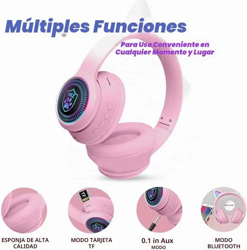 Vista 8 de Auriculares plegables inalámbricos Bluetooth 5.1 con luz LED, VIGROS estéreo, música, sonido envolvente con micrófono AUX para PC, pad, móvil Rosa