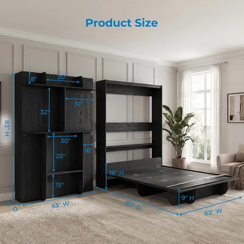 Vista 2 de Mjkone Cama Murphy de pared tamaño Queen con estante de almacenamiento Negro