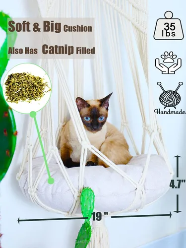 Vista 2 de KARCEEY Hamaca de macramé para gatos, cama colgante de macramé para gatos con cojín de hierba gatera y kit para colgar