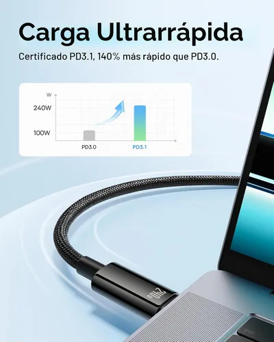 Vista 3 de Baseus Cable USB C, 240 W PD 5A de carga rápida USBC a USBC, cable de carga tipo C de aleación de zinc trenzado para iPhone 17 16 Pro/Plus/Pro Max