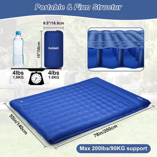 Vista 5 de KASIMO Colchoneta de dormir doble para acampar, 5 pulgadas, ultra gruesa, 4.6x6.6 ft para 2 personas con almohada incorporada, inflable