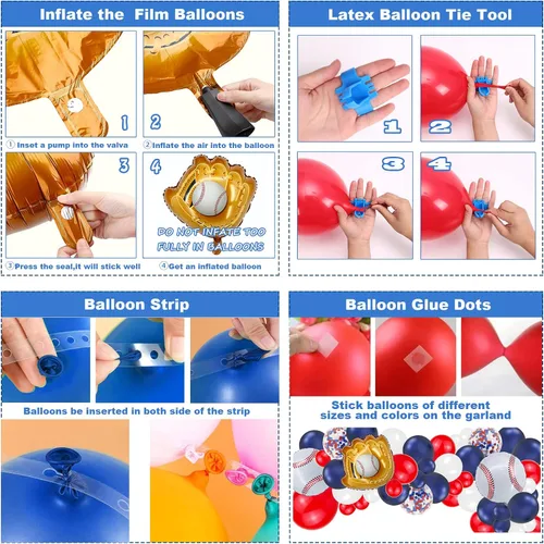 Vista 4 de Guirnalda de arco de globos de béisbol, 146 piezas de papel de aluminio de béisbol, guantes de látex de confeti rojo, blanco, azul marino, confeti