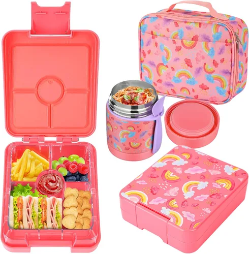 Vista 8 de Lonchera Bento para niños con termo de sopa de 10 onzas, recipientes de almuerzo a prueba de fugas con 4 compartimentos, tarro térmico