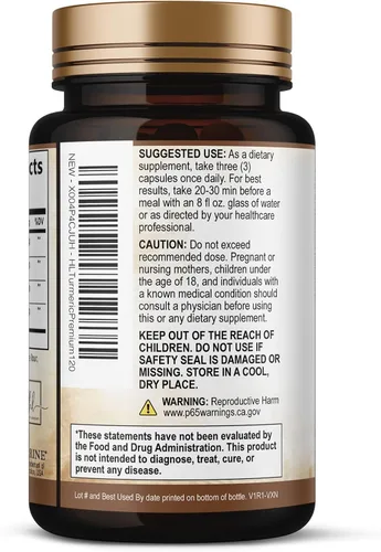 Vista 8 de Suplemento de curcumina de cúrcuma con 95% de curcuminoides, cúrcuma orgánica y jengibre de 1750 mg, pimienta negra BioPerine para una mejor