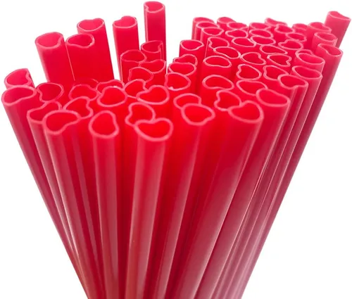Vista 8 de Pajitas en forma de corazón, paquete de 100 pajitas de plástico rosadas, envueltas individualmente, para bodas y fiestas