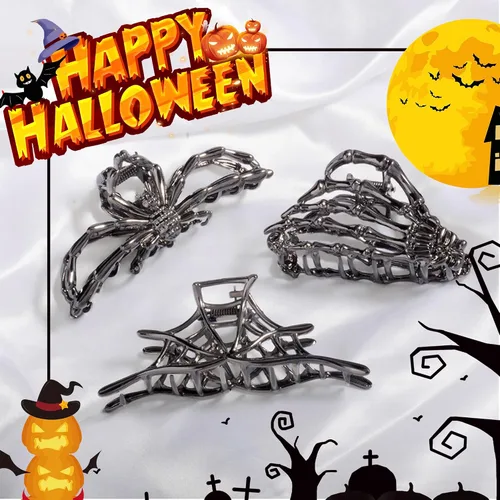Vista 4 de 3 pinzas para el cabello en forma de garra con diseño de telaraña negra, mano de esqueleto y calavera para mujeres y niñas, de metal hiphop